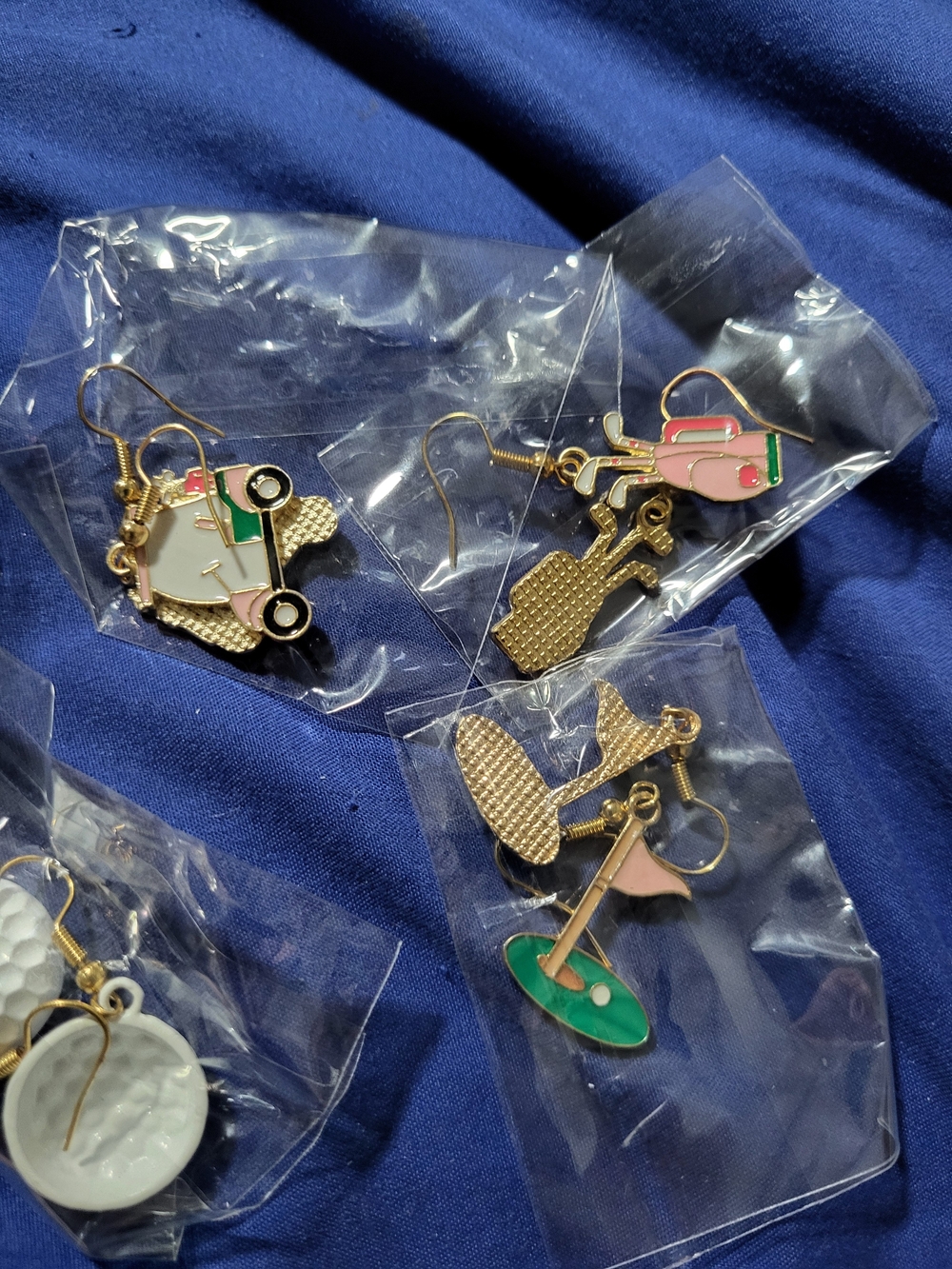 Gold-Tone Enamel Golf Themed Drop Earrings - Pink & Green